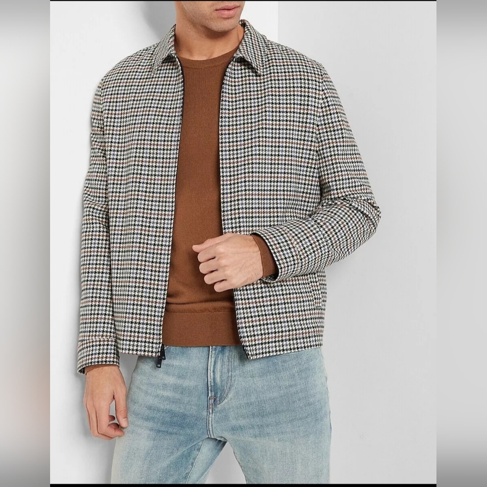 Houndstooth Zip-Front Harrington Jacket - Brown/Black